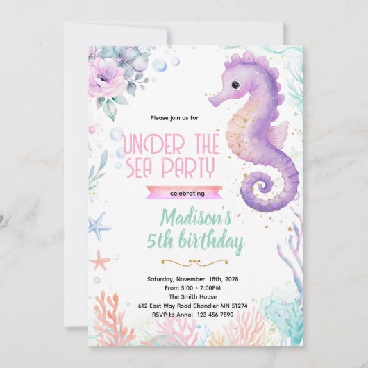 Seahorse birthday theme party invite 招待状 (正面)