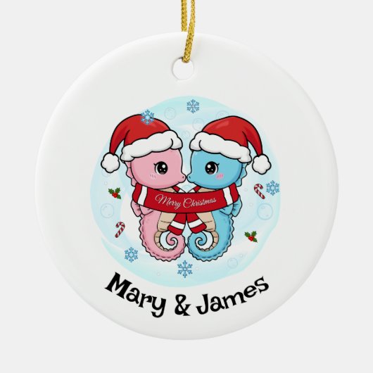 Seahorse Couple Personalized Christmas Ornament セラミックオーナメント (正面)