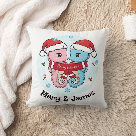 Seahorse Couple Personalized Christmas Pillow クッション (ブランケット)