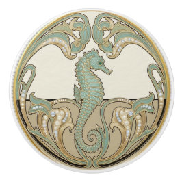 Seahorse Green Cream & Gold Art Deco Nouveau Ocean セラミックノブ