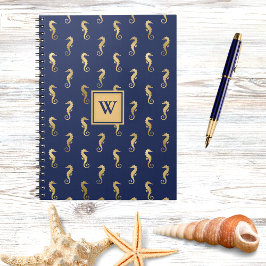 Seahorses in Elegant Navy n Gold Monogram Initial ノートブック