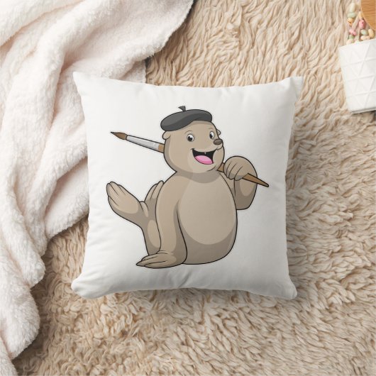 Seal as Painter with Paint brush クッション (ブランケット)
