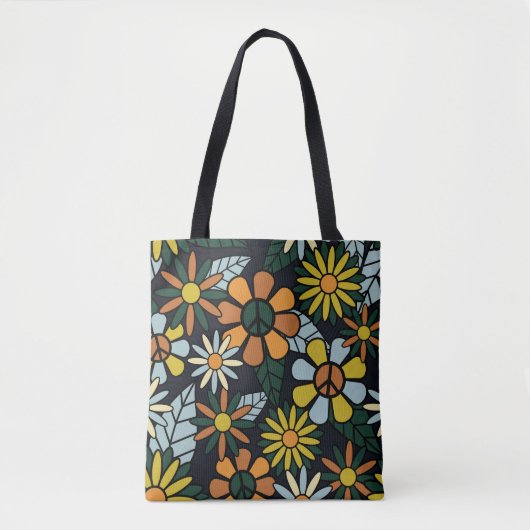 Seamless 70's retro hippie flowers pattern - Vinta トートバッグ (正面)