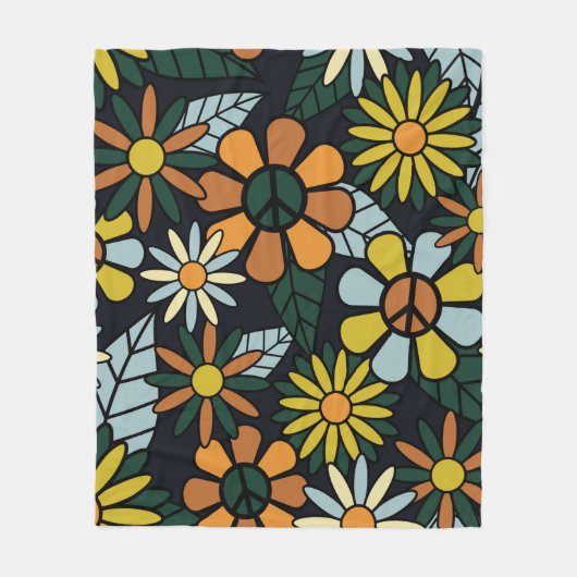 Seamless 70's retro hippie flowers pattern - Vinta フリースブランケット (正面)