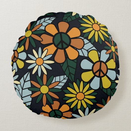 Seamless 70's retro hippie flowers pattern - Vinta ラウンドクッション (正面)