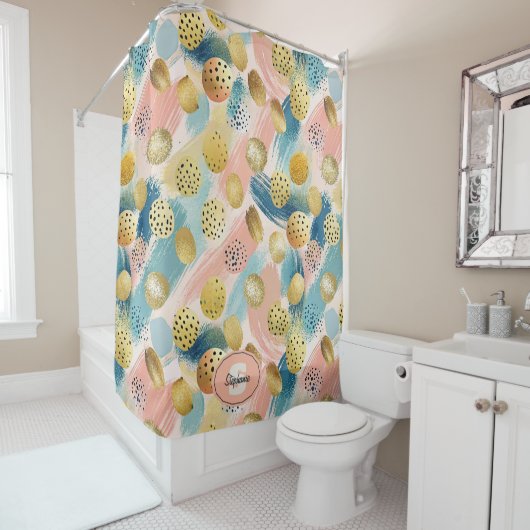 Seamless Abstract Brushstroke & Gold Shape Pattern シャワーカーテン (インサイチュ)