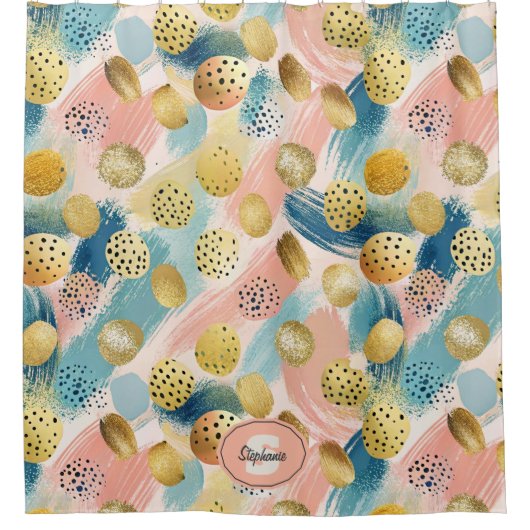 Seamless Abstract Brushstroke & Gold Shape Pattern シャワーカーテン (正面)