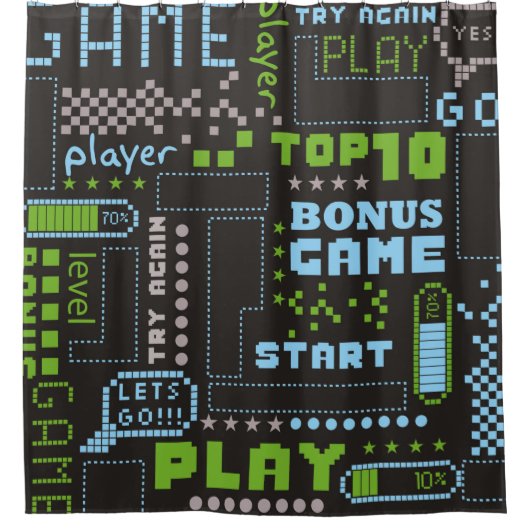 seamless abstract pattern in pixel game style. Wit シャワーカーテン (正面)