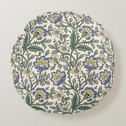 Seamless blue, yellow, and white floral pattern ラウンドクッション (正面)