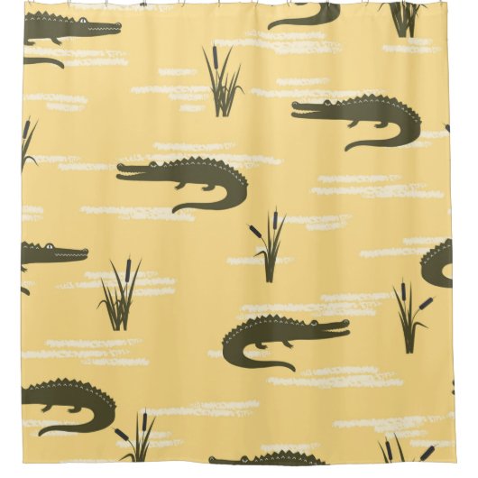 Seamless crocodiles pattern. Vintage yellow backgr シャワーカーテン (正面)