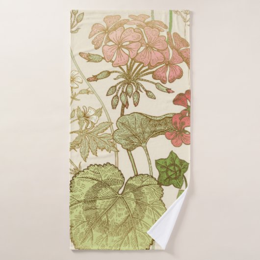 Seamless floral pattern. Green foliage,  pink gera バスタオル (バスタオル)