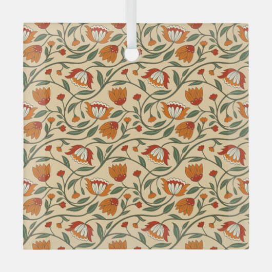 Seamless floral pattern in beige background ガラスオーナメント (正面)