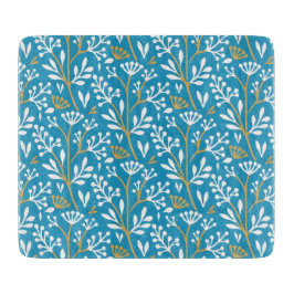 Seamless Floral Pattern: White and Gold on Blue カッティングボード