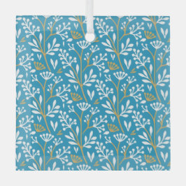 Seamless Floral Pattern: White and Gold on Blue ガラスオーナメント