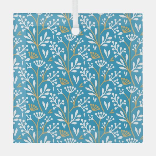 Seamless Floral Pattern: White and Gold on Blue ガラスオーナメント (正面)