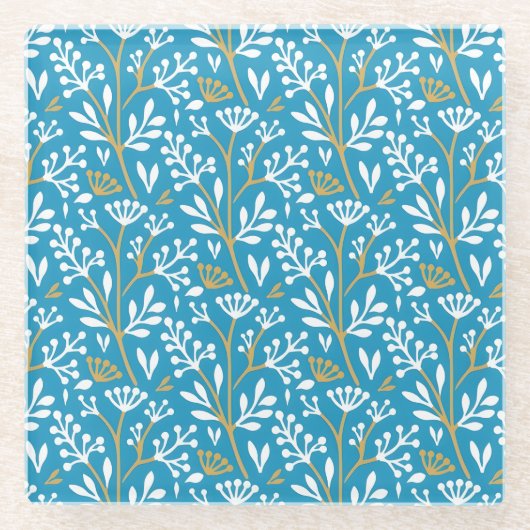 Seamless Floral Pattern: White and Gold on Blue ガラスコースター (正面)