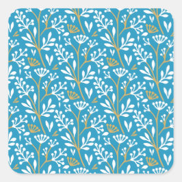 Seamless Floral Pattern: White and Gold on Blue スクエアシール