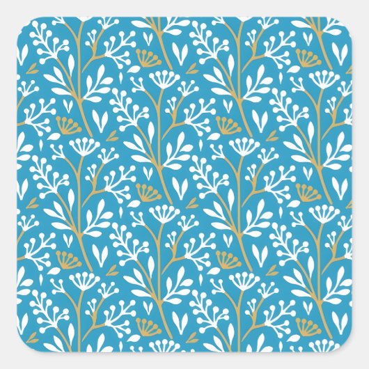 Seamless Floral Pattern: White and Gold on Blue スクエアシール (正面)