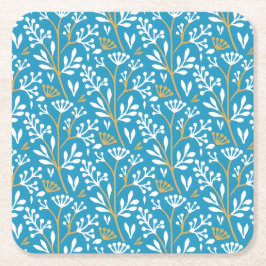 Seamless Floral Pattern: White and Gold on Blue スクエアペーパーコースター