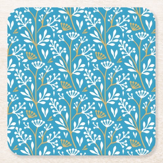 Seamless Floral Pattern: White and Gold on Blue スクエアペーパーコースター (正面)