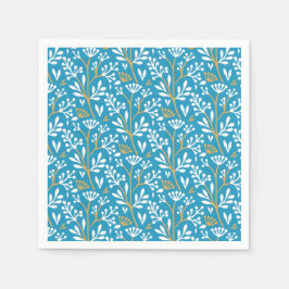 Seamless Floral Pattern: White and Gold on Blue スタンダードカクテルナプキン