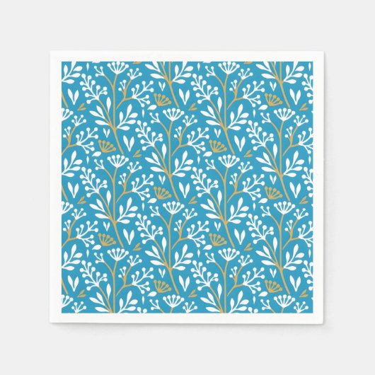 Seamless Floral Pattern: White and Gold on Blue スタンダードカクテルナプキン (正面)