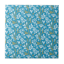 Seamless Floral Pattern: White and Gold on Blue タイル