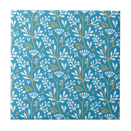 Seamless Floral Pattern: White and Gold on Blue タイル (正面)