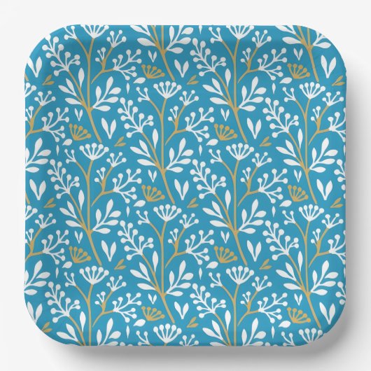 Seamless Floral Pattern: White and Gold on Blue ペーパープレート (正面)