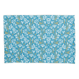 Seamless Floral Pattern: White and Gold on Blue 枕カバー