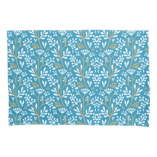 Seamless Floral Pattern: White and Gold on Blue 枕カバー (正面左)