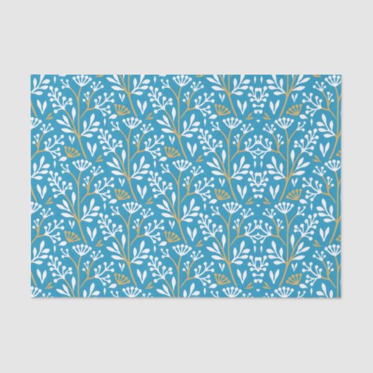 Seamless Floral Pattern: White and Gold on Blue 薄葉紙 (正面)