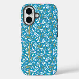 Seamless Floral Pattern: White and Gold on Blue iPhone 16ケース