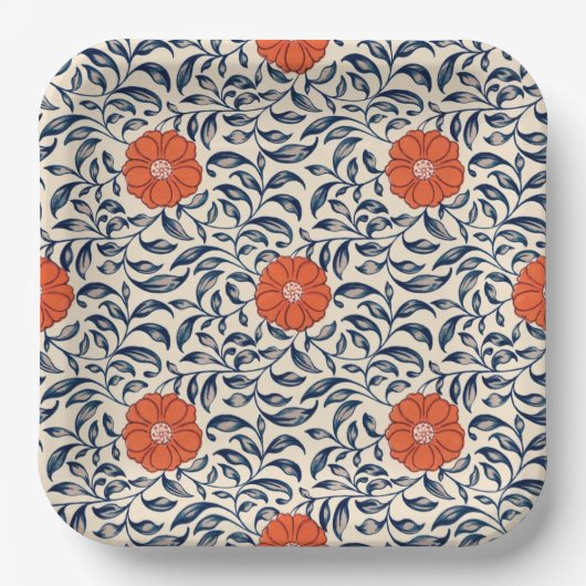 Seamless floral pattern with vibrant orange flower ペーパープレート (正面)