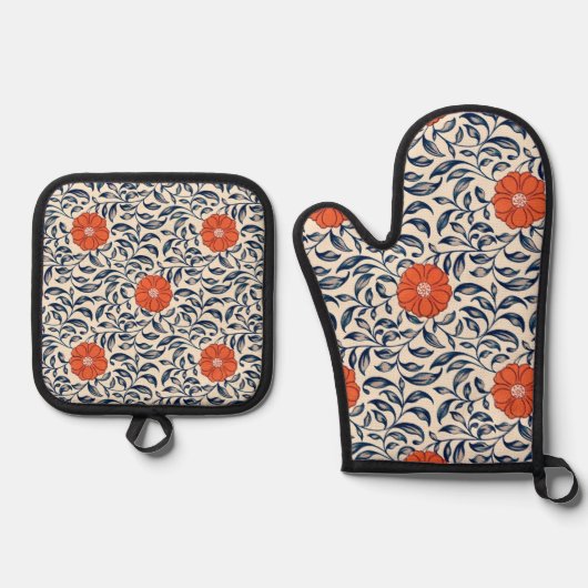 Seamless floral pattern with vibrant orange flower 鍋つかみ&鍋敷きセット (正面)