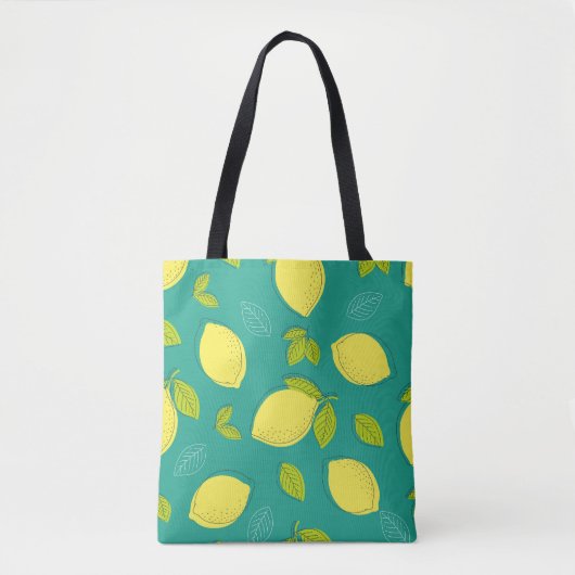 Seamless Hand Drawn Lemon with Leaves Pattern in B トートバッグ (正面)