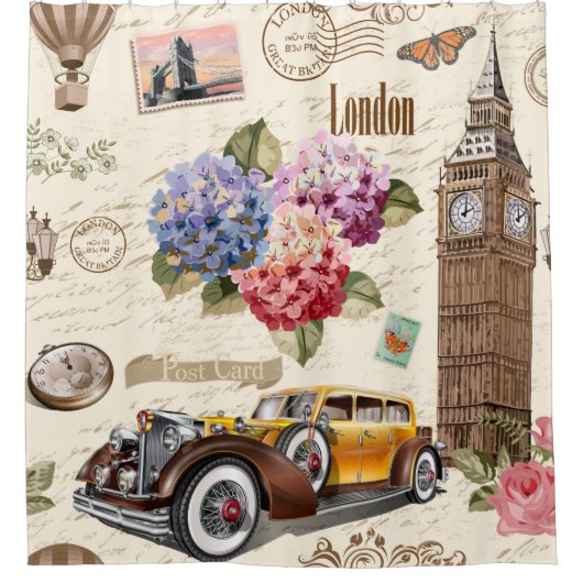 Seamless London vintage background with retro car, シャワーカーテン (正面)