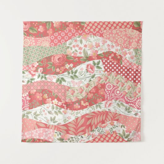 seamless patchwork pattern with roses タペストリー (正面(横))