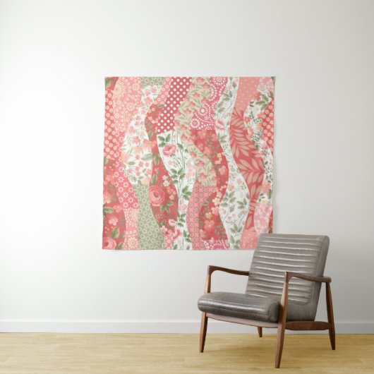 seamless patchwork pattern with roses タペストリー (インサイチュ)