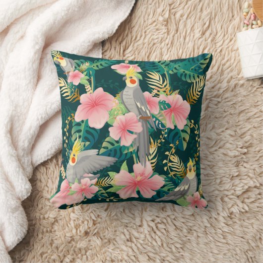 Seamless pattern cute cockatiel parrot sits on gre クッション (ブランケット)