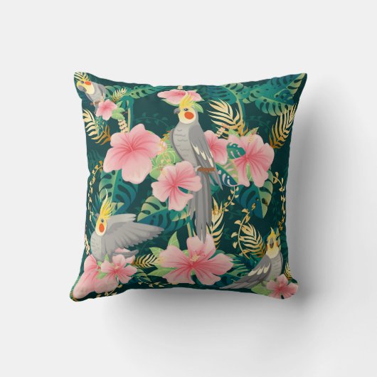 Seamless pattern cute cockatiel parrot sits on gre クッション (裏面)