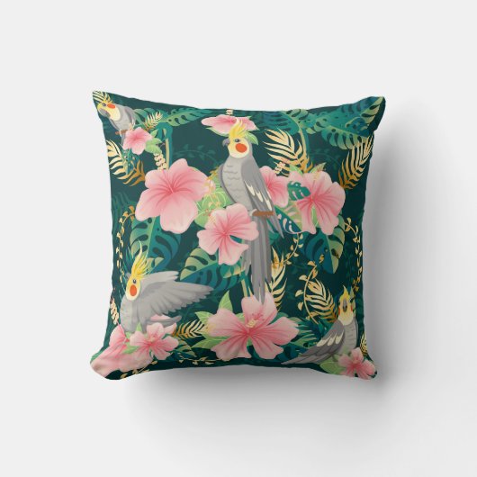 Seamless pattern cute cockatiel parrot sits on gre クッション (正面)