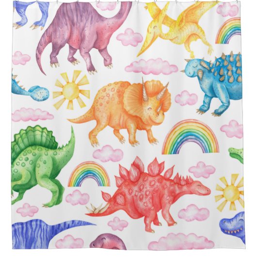 Seamless pattern depicting colored dinosaurs, rain シャワーカーテン (正面)