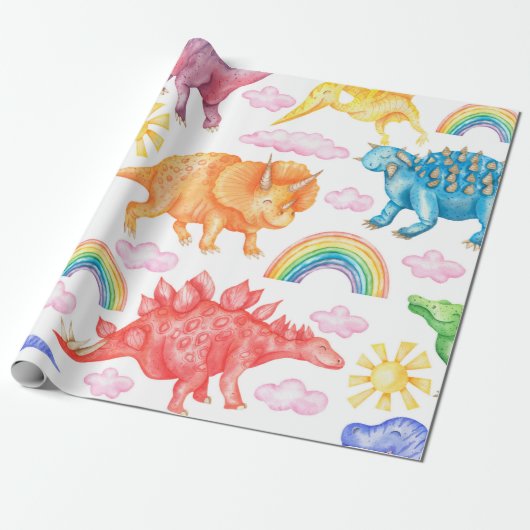 Seamless pattern depicting colored dinosaurs, rain ラッピングペーパー (アンロールド)