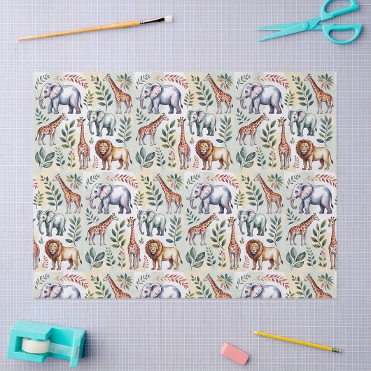 Seamless pattern featuring elephants lions 薄葉紙