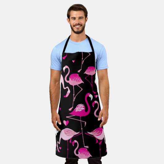 Seamless pattern from pink flamingos on a dark bac エプロン (着用した状態)