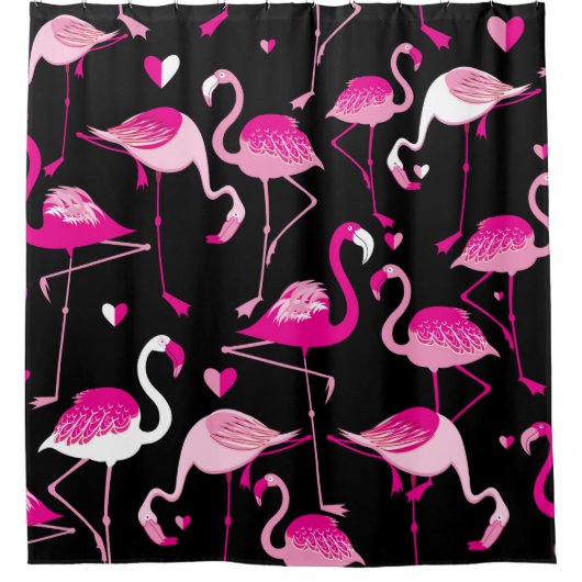 Seamless pattern from pink flamingos on a dark bac シャワーカーテン (正面)