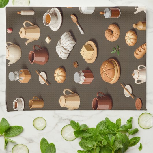 Seamless pattern of breakfast and tea sets キッチンタオル (折り畳み)