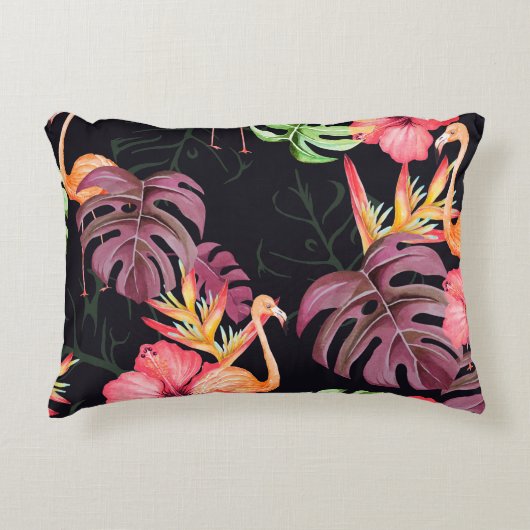 Seamless pattern of hibiscus flower, flamingos and アクセントクッション (正面)