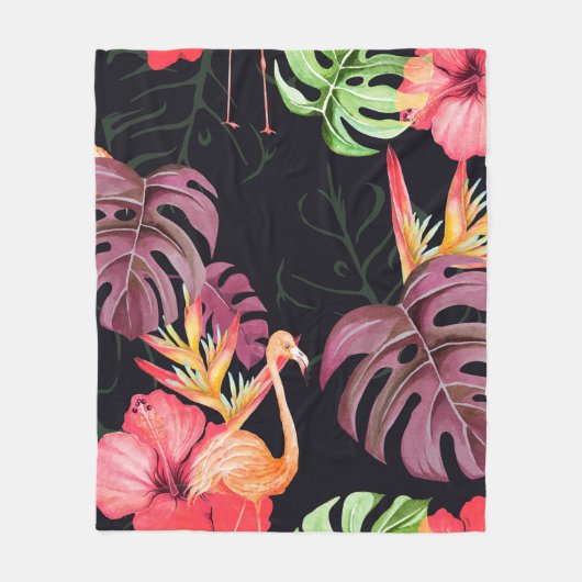 Seamless pattern of hibiscus flower, flamingos and フリースブランケット (正面)